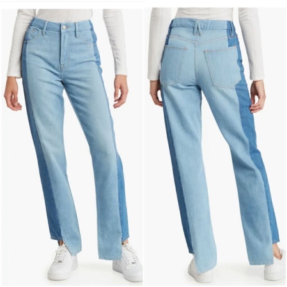 Good American Good Boy Two-Tone Step Hem High Waist Boyfriend Jeans Size 2/26